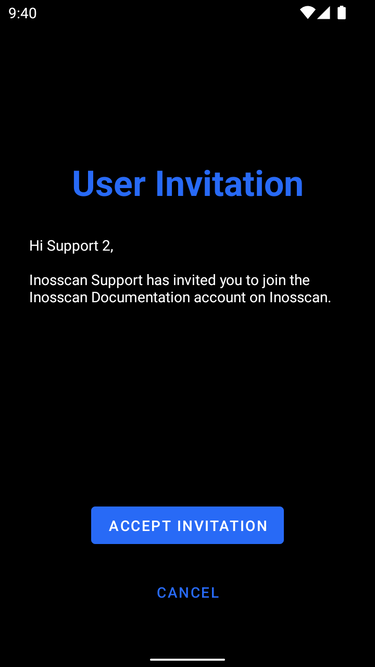 Inosscan accept user invitation page on Android - screenshot