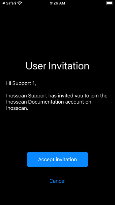 Inosscan accept user invitation page on iOS - screenshot