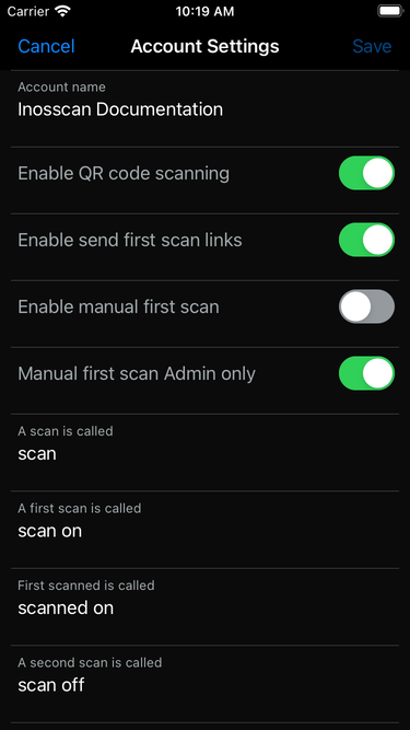 Inosscan account settings screenshot - page 1