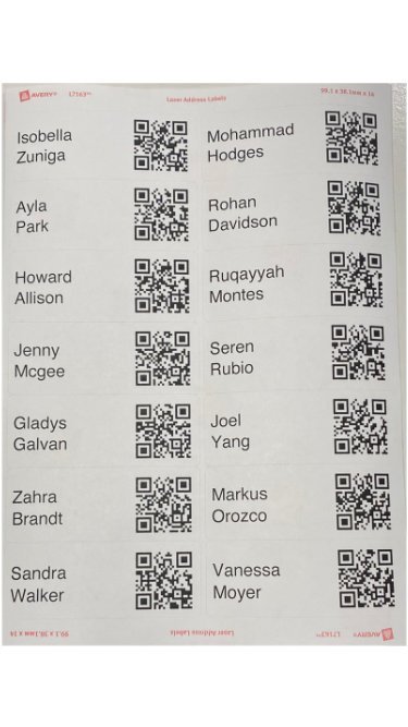 Inosscan QR codes printed on sticky label sheet