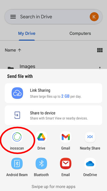 Send a copy of your CSV file to Inosscan from Drive on Android - screenshot