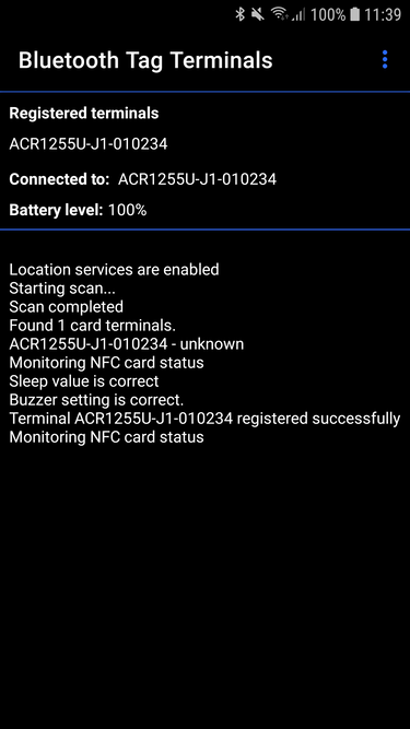 Inosscan Bluetooth tag terminals page after successful scan for readers - screenshot