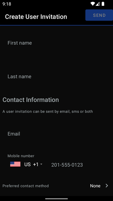 Inosscan create user invitation page on Android - screenshot