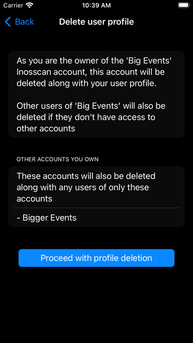 Inosscan delete user profile page multi account and user on iOS - screenshot