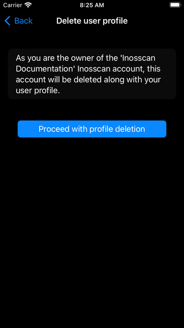 Inosscan delete user profile page on iOS - screenshot