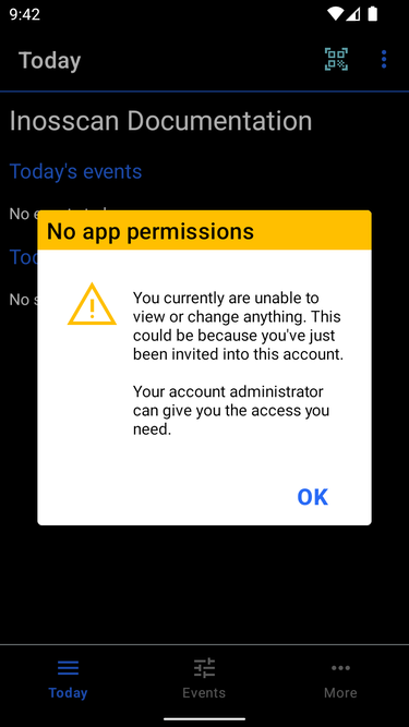 Inosscan new user, no permissions on Android - screenshot