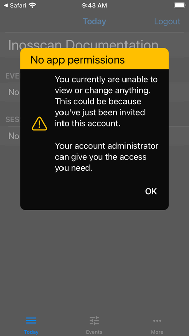 Inosscan new user, no permissions on iOS - screenshot