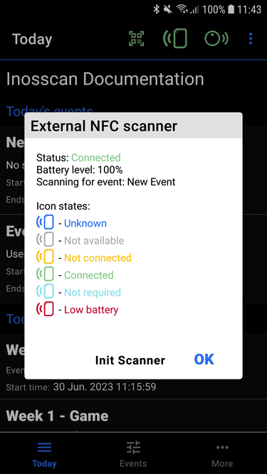 Inosscan Today showing external scanner status icon and dialog- connected - screenshot