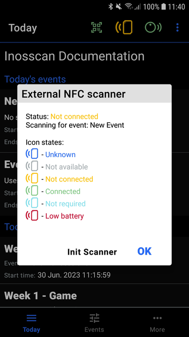 Inosscan Today showing external scanner status icon and dialog- not connected - screenshot