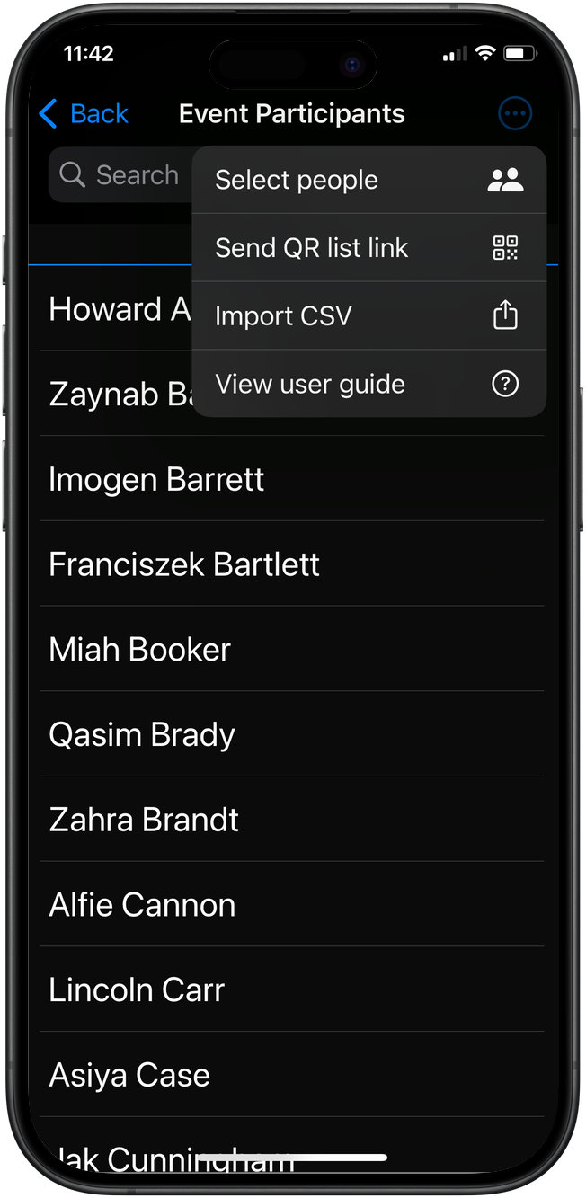 Inosscan app showing event participants csv import