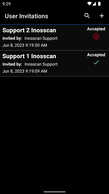 Inosscan user invitations page on Android - screenshot