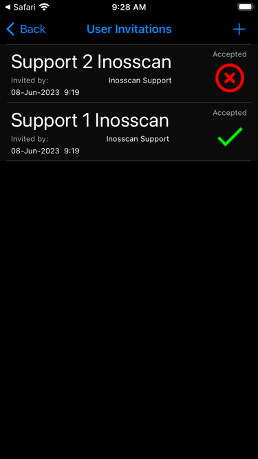 Inosscan user invitations page on iOS - screenshot