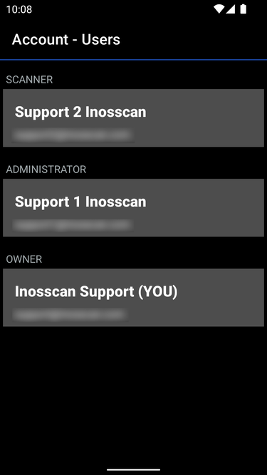 Inosscan user list page on Android - screenshot