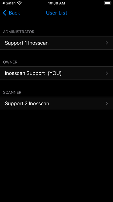 Inosscan user list page on iOS - screenshot