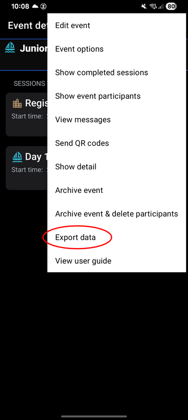 Select Export data from the Inosscan event detail page on Android