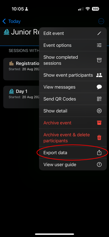 Select Export data from the Inosscan event detail page on iOS