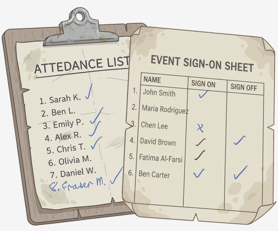 Event attendance check in and sign on the old way using paper sheets