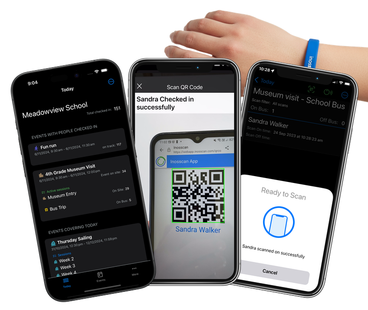 Inosscan app showing today, scan qr code, scan nfc tag from bracelet